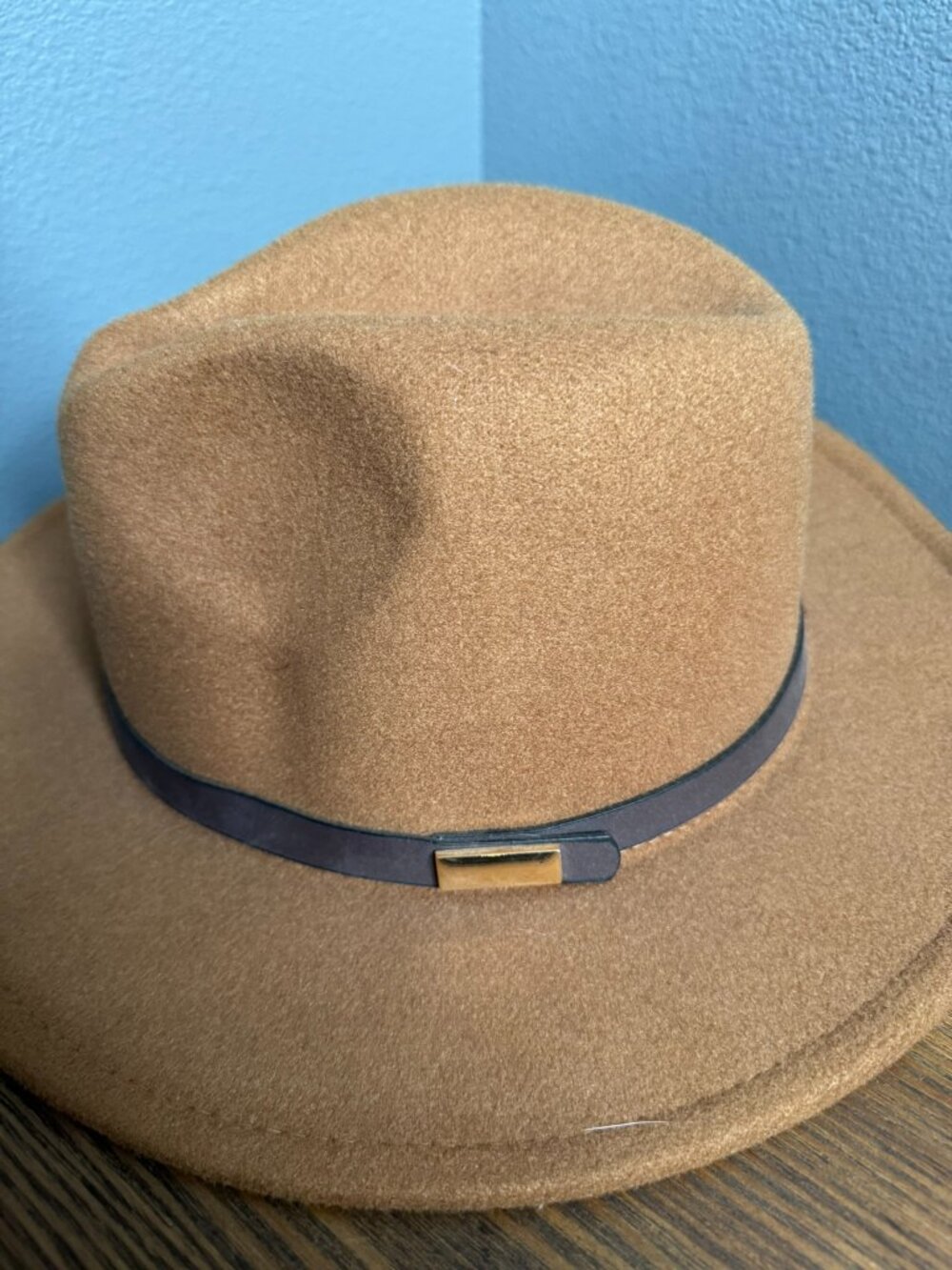 Camel Tan Wool Blend Wide Brim Fedora Hat Western Boho Rancher Gold Buckle